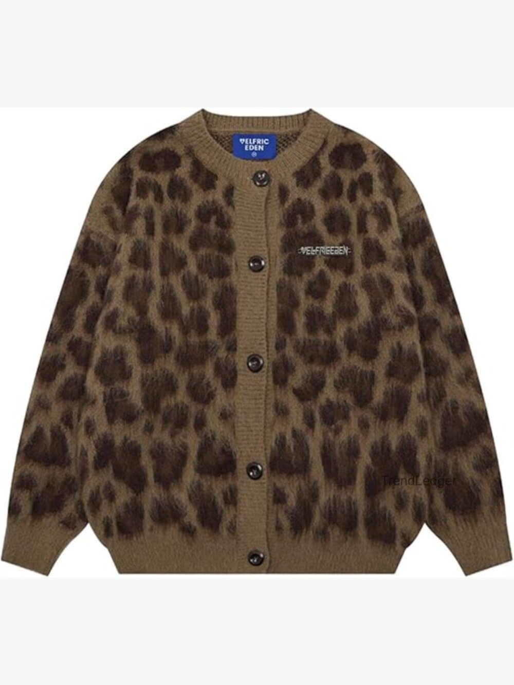 Oversized Leopard Print Cardigan Sweater, Crewneck Button Down Long Sleeve